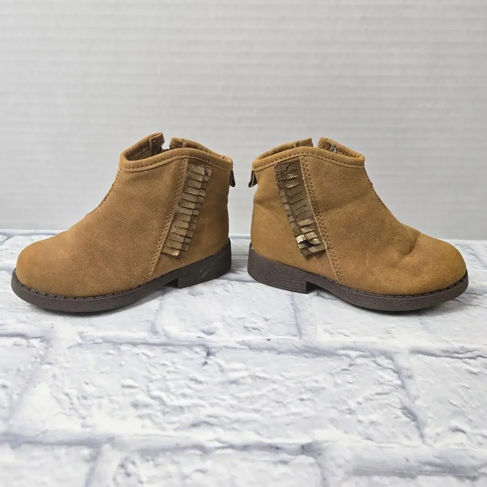 OshKosh B'Gosh Tan Faux Suede Booties Shoes Fringe size 6 Baby Girl's Lug Sole